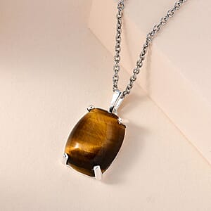 Tiger's Eye Solitaire Pendant in Sterling Silver with Stainless Steel Necklace 20 Inches 10.85 ctw