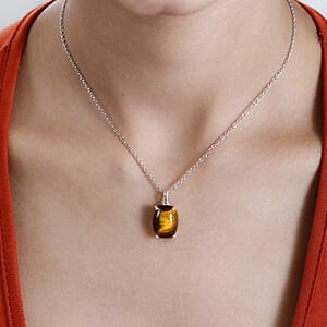 Tiger's Eye Solitaire Pendant in Sterling Silver with Stainless Steel Necklace 20 Inches 10.85 ctw