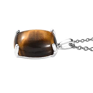 Tiger's Eye Solitaire Pendant in Sterling Silver with Stainless Steel Necklace 20 Inches 10.85 ctw