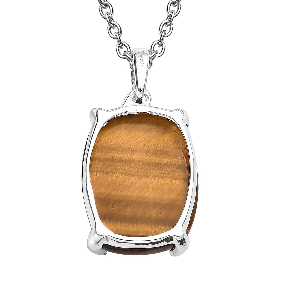 Tiger's Eye Solitaire Pendant in Sterling Silver with Stainless Steel Necklace 20 Inches 10.85 ctw