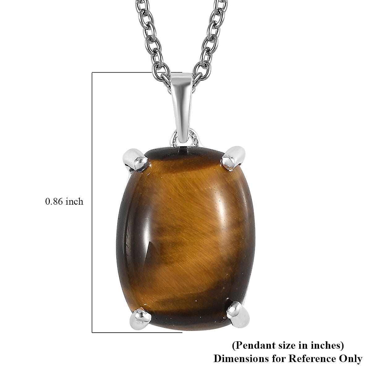 Tiger's Eye Solitaire Pendant in Sterling Silver with Stainless Steel Necklace 20 Inches 10.85 ctw