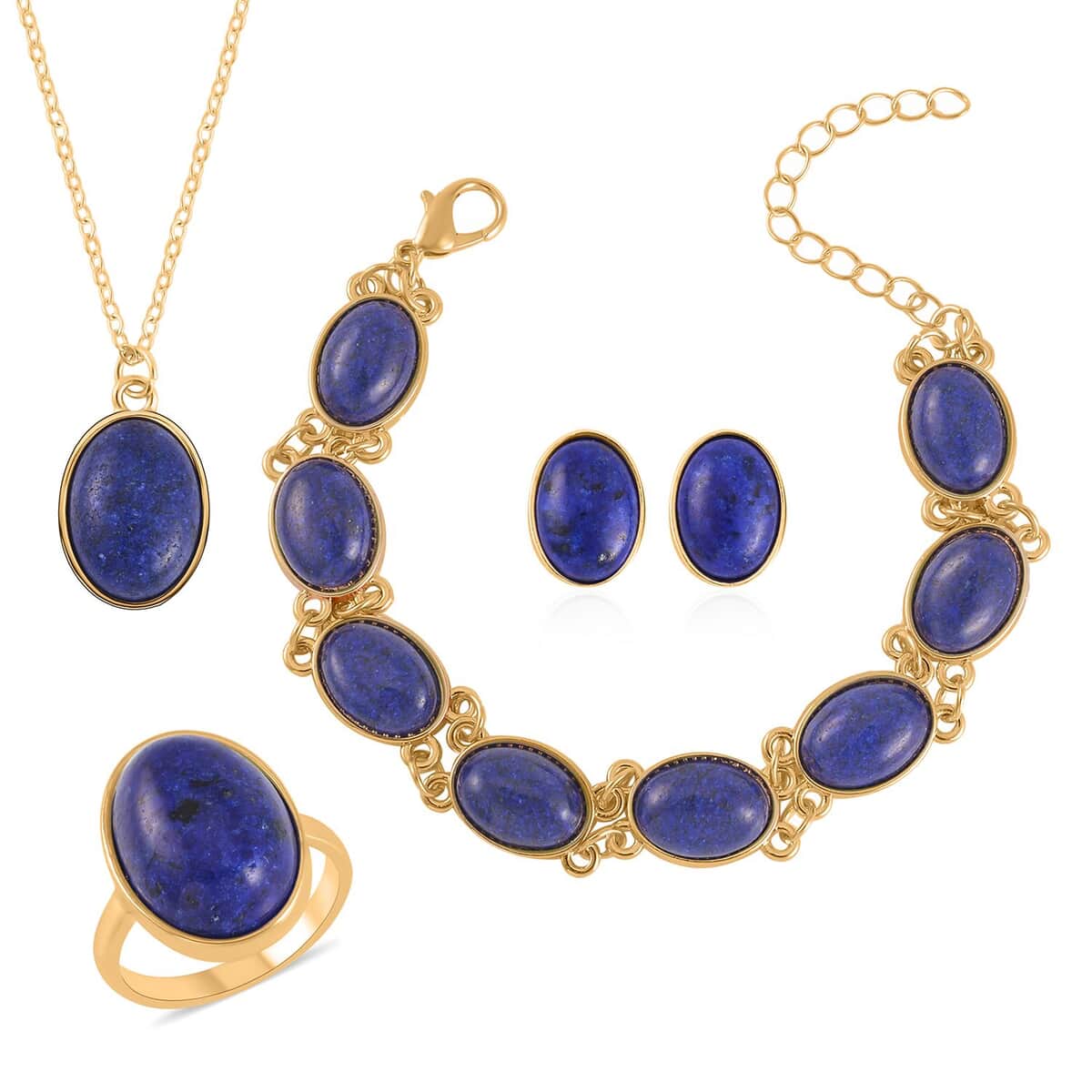 Lapis Lazuli 110.00 ctw Bracelet (7.5-9.5In), Stud Earrings, Ring (Size 8.0) and Pendant Necklace in Goldtone 18 Inches image number 0