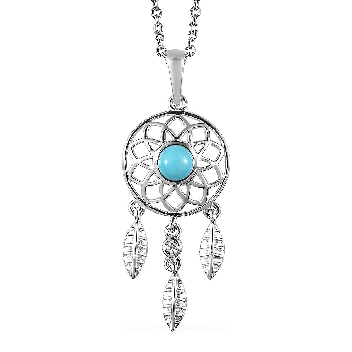 Sleeping Beauty Turquoise and White Zircon Pendant in Sterling Silver with Stainless Steel Necklace 20 Inches 0.50 ctw