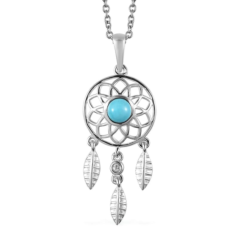 Sleeping Beauty Turquoise and White Zircon Pendant in Sterling Silver with Stainless Steel Necklace 20 Inches 0.50 ctw