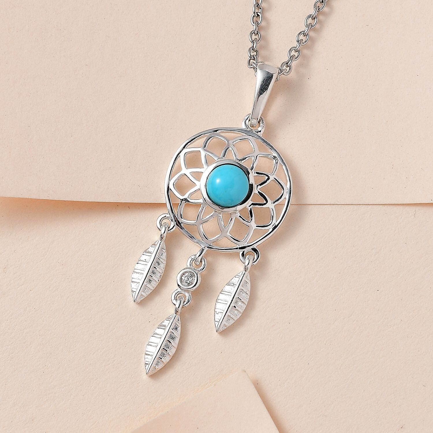 Sleeping Beauty Turquoise and White Zircon Pendant in Sterling Silver with Stainless Steel Necklace 20 Inches 0.50 ctw