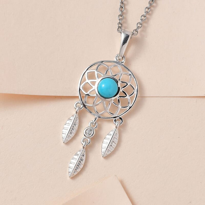 Sleeping Beauty Turquoise and White Zircon Pendant in Sterling Silver with Stainless Steel Necklace 20 Inches 0.50 ctw