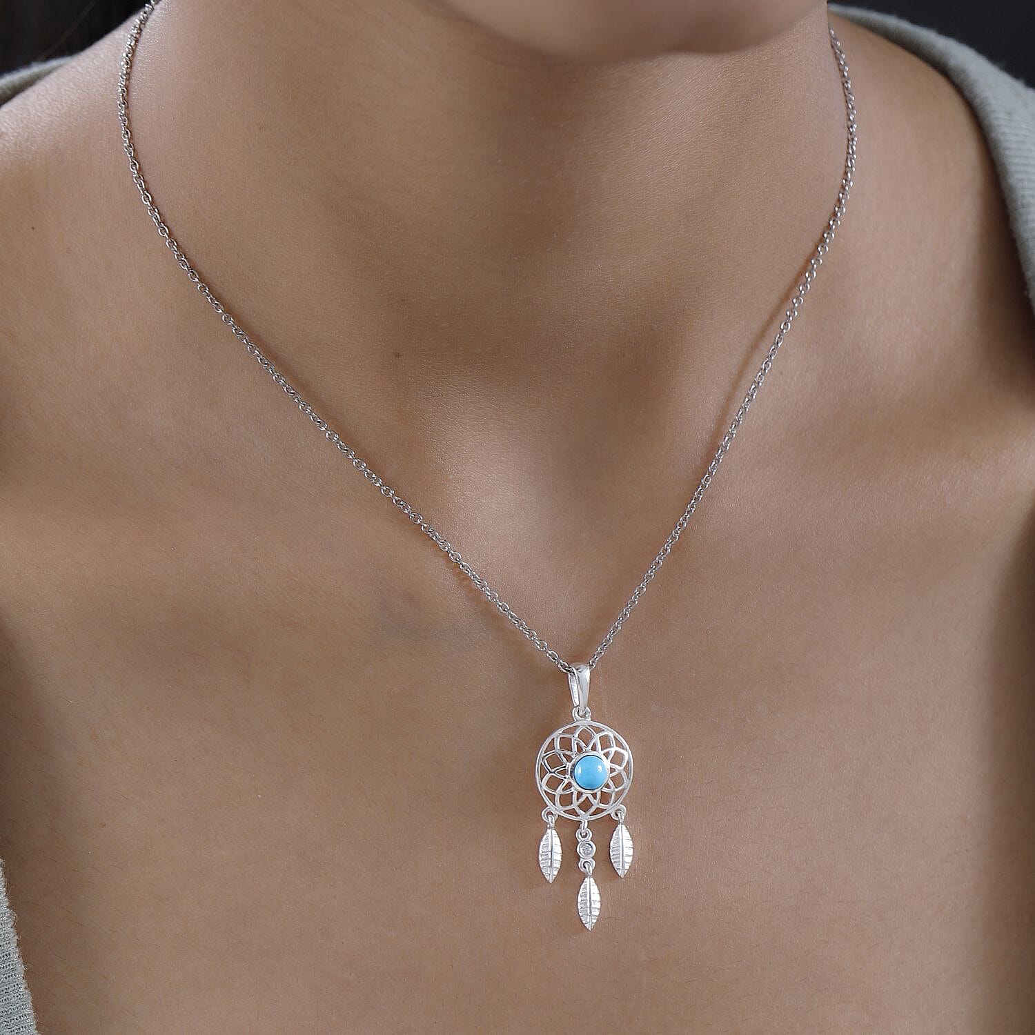 Sleeping Beauty Turquoise and White Zircon Pendant in Sterling Silver with Stainless Steel Necklace 20 Inches 0.50 ctw
