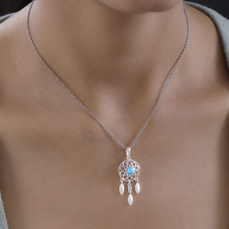Sleeping Beauty Turquoise and White Zircon Pendant in Sterling Silver with Stainless Steel Necklace 20 Inches 0.50 ctw