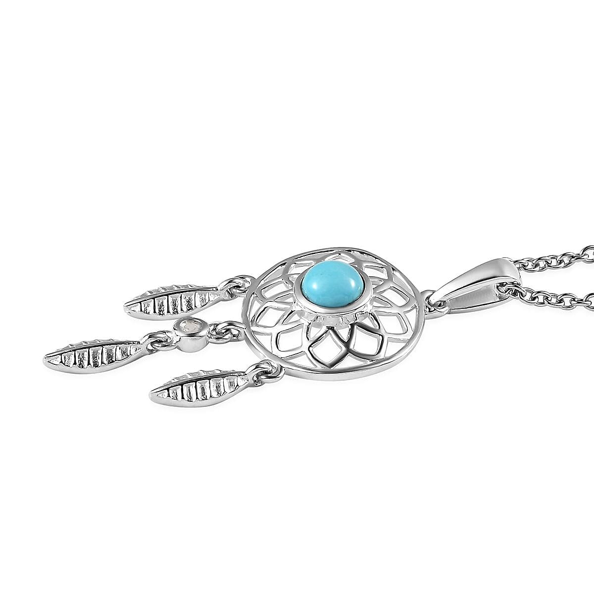 Sleeping Beauty Turquoise and White Zircon Pendant in Sterling Silver with Stainless Steel Necklace 20 Inches 0.50 ctw
