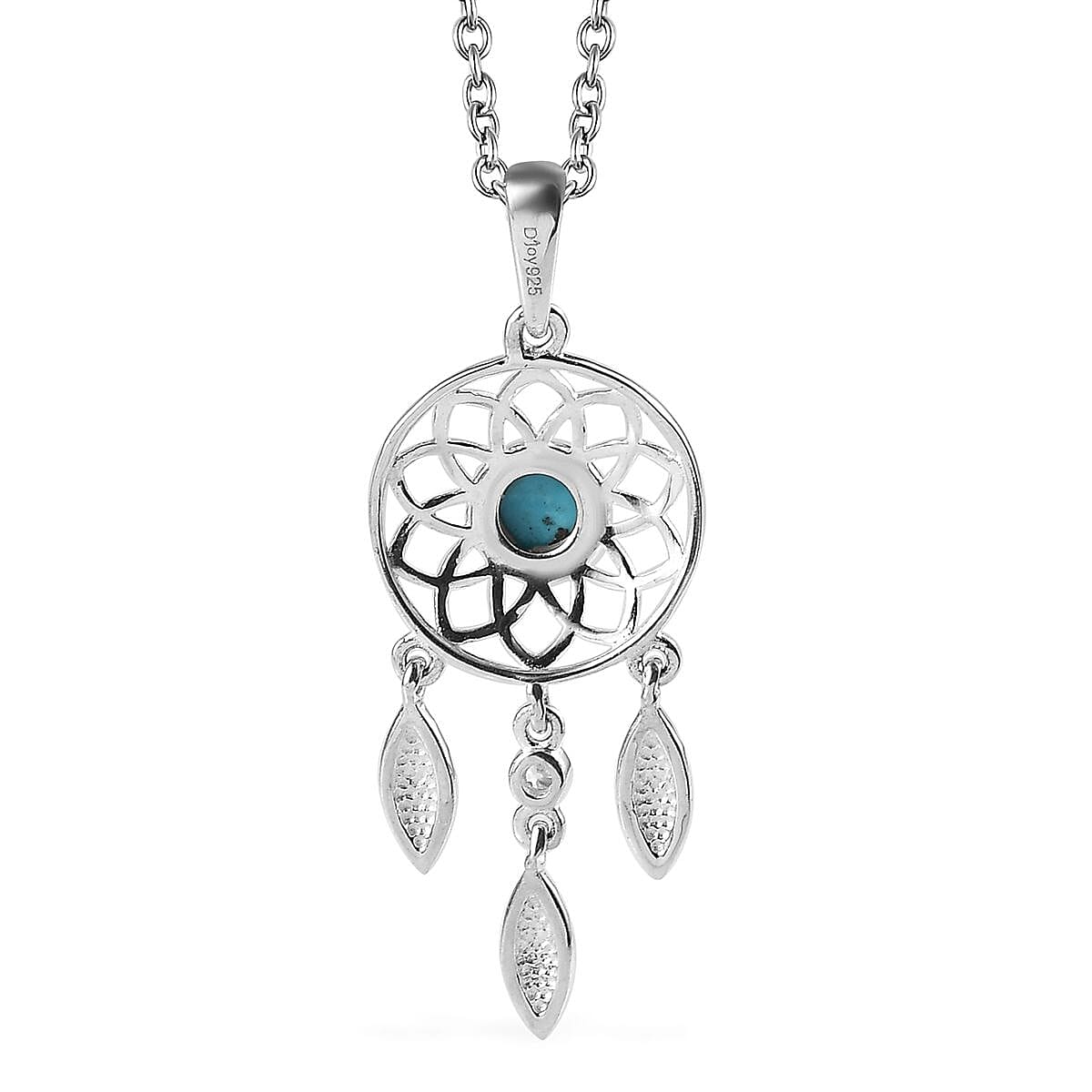 Sleeping Beauty Turquoise and White Zircon Pendant in Sterling Silver with Stainless Steel Necklace 20 Inches 0.50 ctw