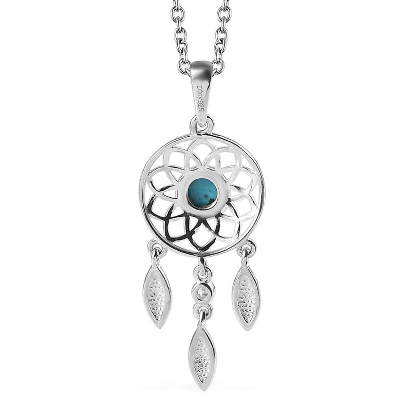 Sleeping Beauty Turquoise and White Zircon Pendant in Sterling Silver with Stainless Steel Necklace 20 Inches 0.50 ctw