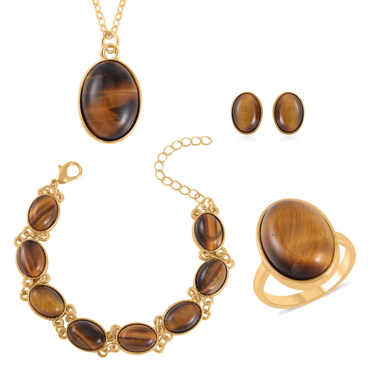 Yellow Tiger's Eye Bracelet (7.5-9.5In), Stud Earrings, Ring (Size 7.0) and Pendant Necklace 18 Inches in Goldtone 110.00 ctw image number 0