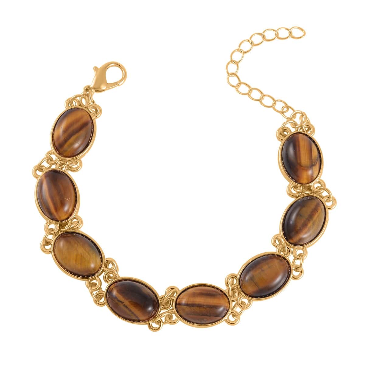 Yellow Tiger's Eye Bracelet (7.5-9.5In), Stud Earrings, Ring (Size 7.0) and Pendant Necklace 18 Inches in Goldtone 110.00 ctw image number 7