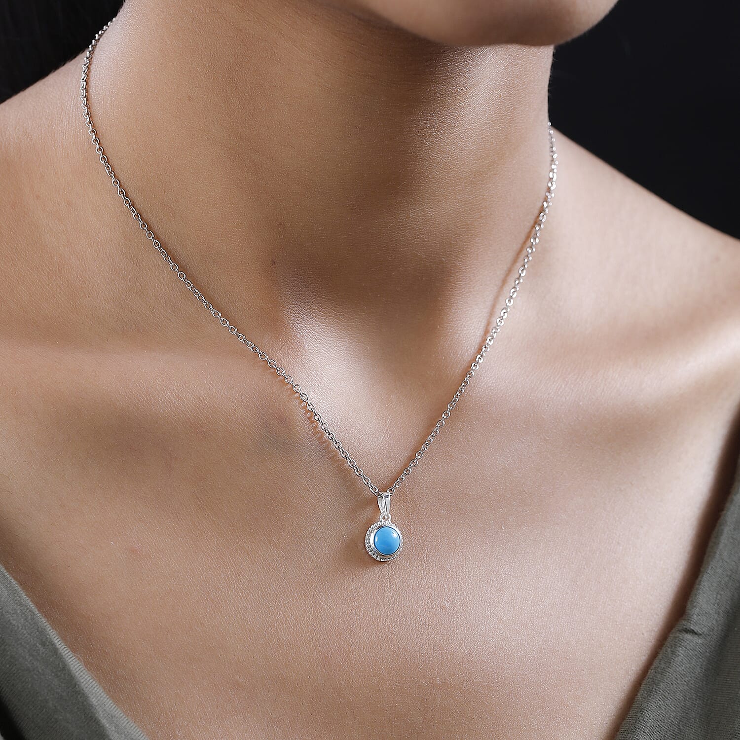 Sleeping Beauty Turquoise Solitaire Pendant in Sterling Silver with Stainless Steel Necklace 20 Inches 0.75 ctw