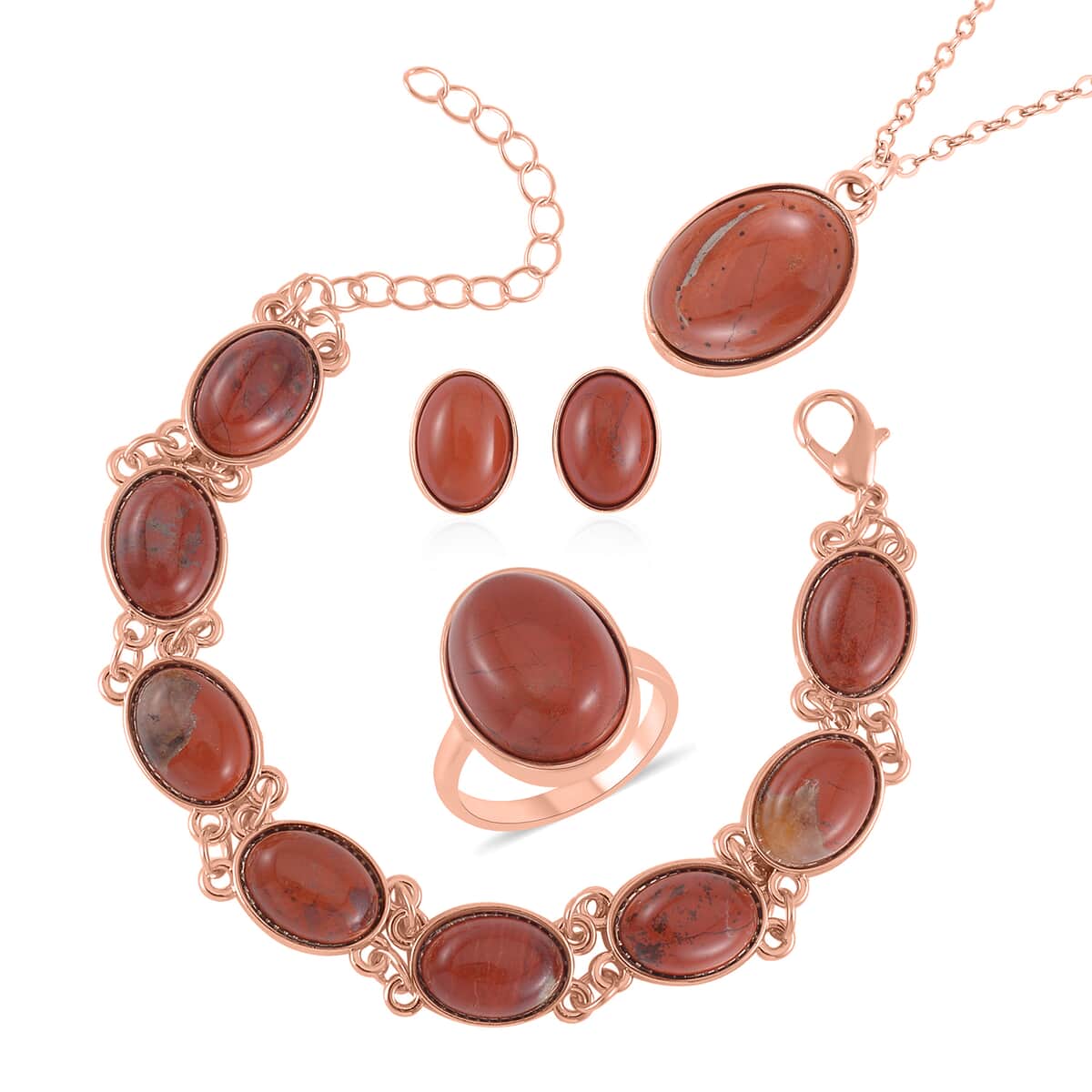 Red Jasper Bracelet (7.5-9.5In), Stud Earrings, Ring (Size 6.0) and Pendant Necklace 18 Inches in Rosetone 110.00 ctw image number 0