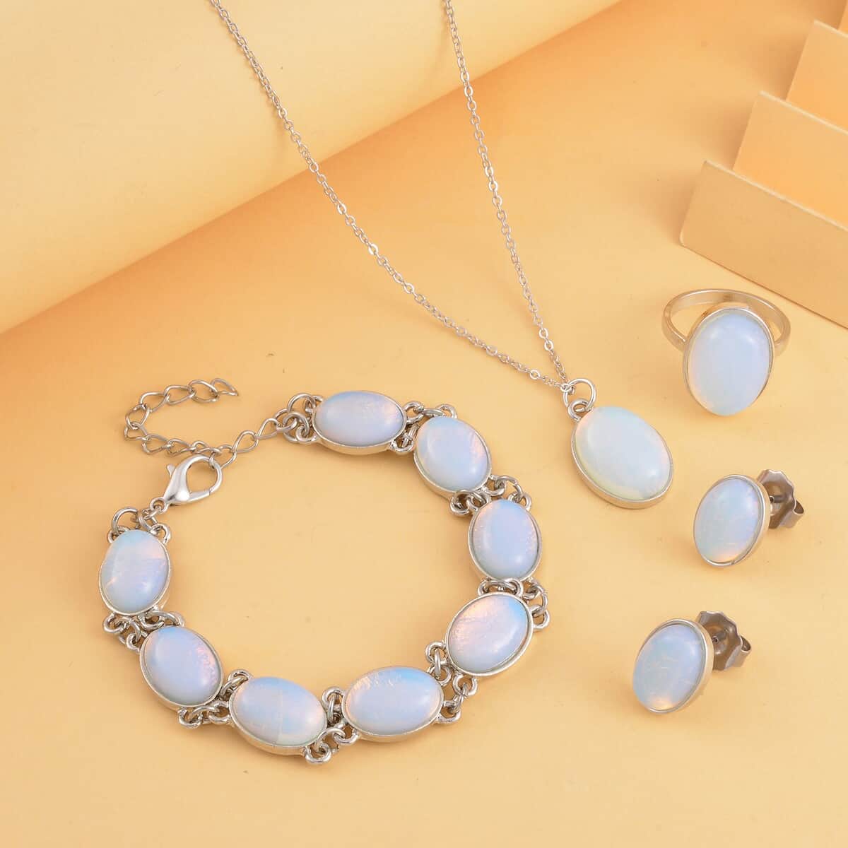 Opalite Bracelet (7.5-9.5In), Stud Earrings, Ring (Size 7.0) and Pendant Necklace 18 Inches in Silvertone 110.00 ctw image number 1