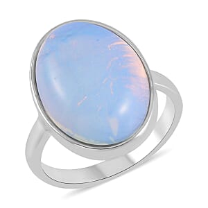 Opalite Bracelet (7.5-9.5In), Stud Earrings, Ring (Size 7.0) and Pendant Necklace 18 Inches in Silvertone 110.00 ctw