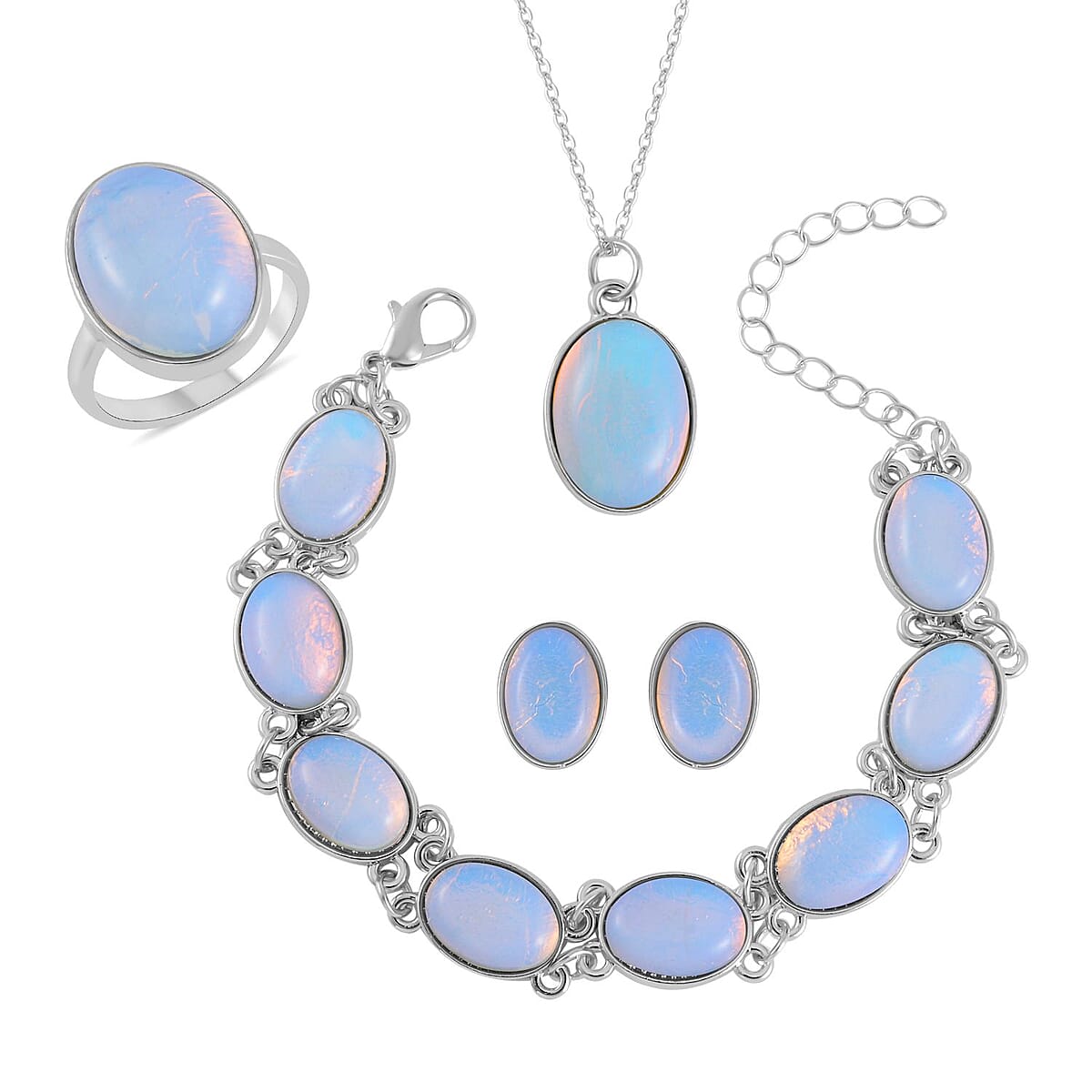 Opalite Bracelet (7.5-9.5In), Stud Earrings, Ring (Size 9.0) and Pendant Necklace 18 Inches in Silvertone 110.00 ctw image number 0