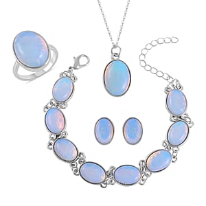 Opalite Bracelet (7.5-9.5In), Stud Earrings, Ring (Size 9.0) and Pendant Necklace 18 Inches in Silvertone 110.00 ctw