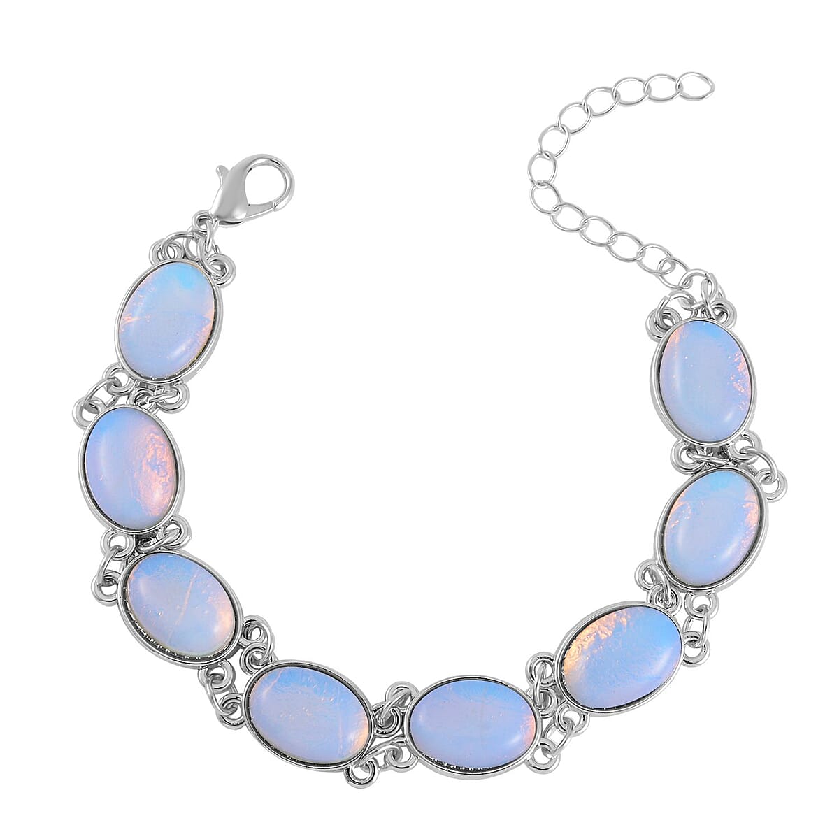 Opalite Bracelet (7.5-9.5In), Stud Earrings, Ring (Size 9.0) and Pendant Necklace 18 Inches in Silvertone 110.00 ctw image number 7
