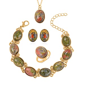 Unakite Bracelet (7.5-9.5In), Stud Earrings, Ring (Size 7.0) and Pendant Necklace 18 Inches in Goldtone 110.00 ctw