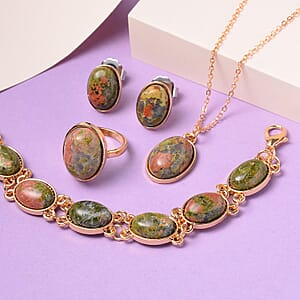 Unakite Bracelet (7.5-9.5In), Stud Earrings, Ring (Size 7.0) and Pendant Necklace 18 Inches in Goldtone 110.00 ctw