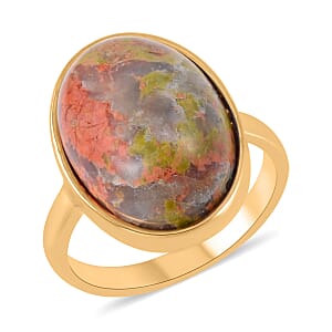 Unakite Bracelet (7.5-9.5In), Stud Earrings, Ring (Size 7.0) and Pendant Necklace 18 Inches in Goldtone 110.00 ctw