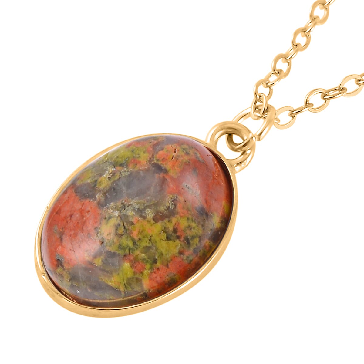 Unakite Bracelet (7.5-9.5In), Stud Earrings, Ring (Size 7.0) and Pendant Necklace 18 Inches in Goldtone 110.00 ctw image number 5