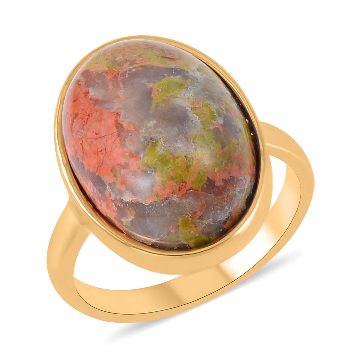 Unakite Bracelet (7.5-9.5In), Stud Earrings, Ring (Size 8.0) and Pendant Necklace 18 Inches in Goldtone 110.00 ctw image number 2