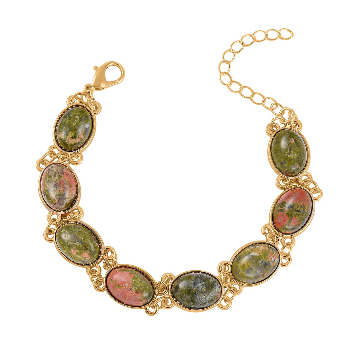 Unakite Bracelet (7.5-9.5In), Stud Earrings, Ring (Size 8.0) and Pendant Necklace 18 Inches in Goldtone 110.00 ctw image number 6