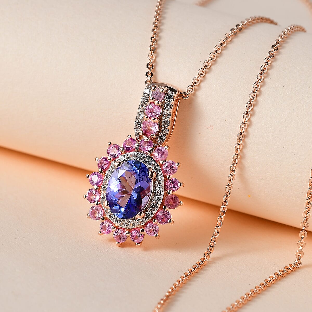 Tanzanite and Multi Gemstone Floral Pendant Necklace 20 Inches in Vermeil Rose Gold Over Sterling Silver 2.75 ctw image number 1