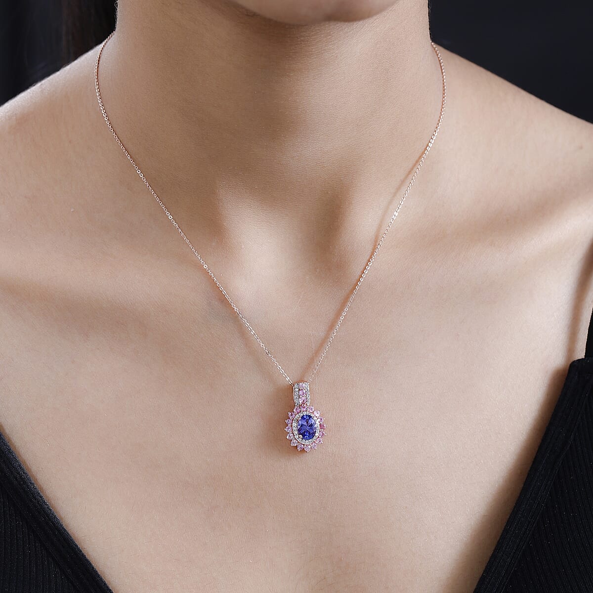Tanzanite and Multi Gemstone Floral Pendant Necklace 20 Inches in Vermeil Rose Gold Over Sterling Silver 2.75 ctw image number 2