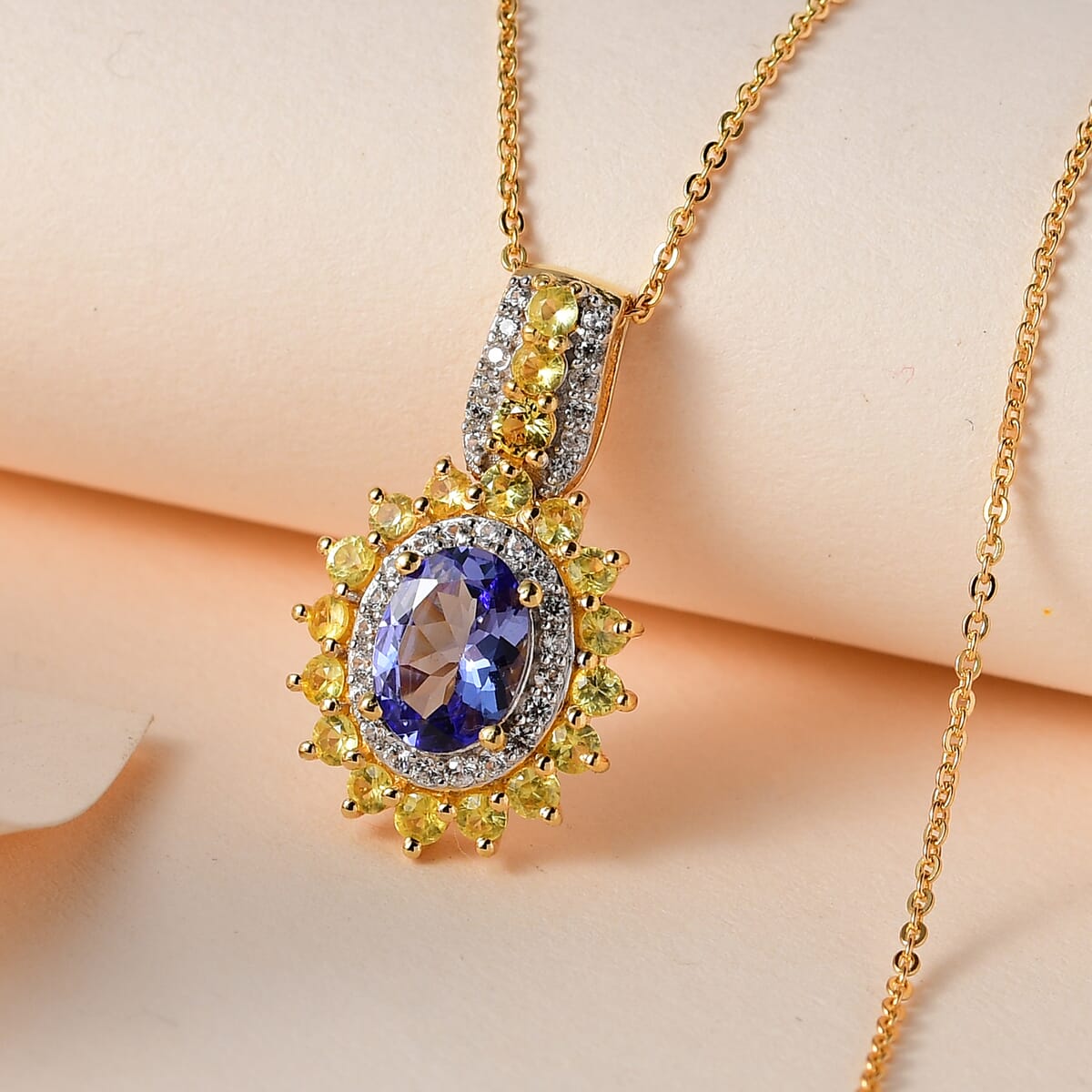 Tanzanite and Multi Gemstone Floral Pendant Necklace 20 Inches in Vermeil Yellow Gold Over Sterling Silver 2.75 ctw image number 1