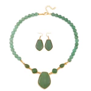 Green Aventurine Drop Earrings and Beaded Necklace 18-20 Inches in Goldtone 298.00 ctw