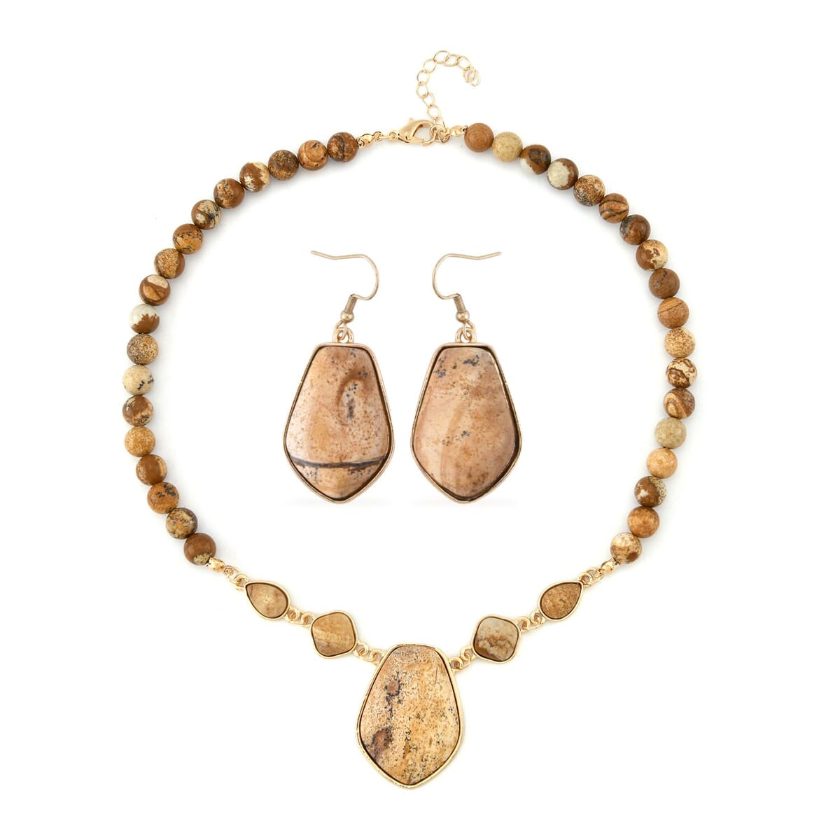 Picture Jasper Drop Earrings and Beaded Necklace 18-20 Inches in Goldtone 298.00 ctw image number 0