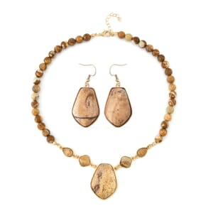 Picture Jasper Drop Earrings and Beaded Necklace 18-20 Inches in Goldtone 298.00 ctw