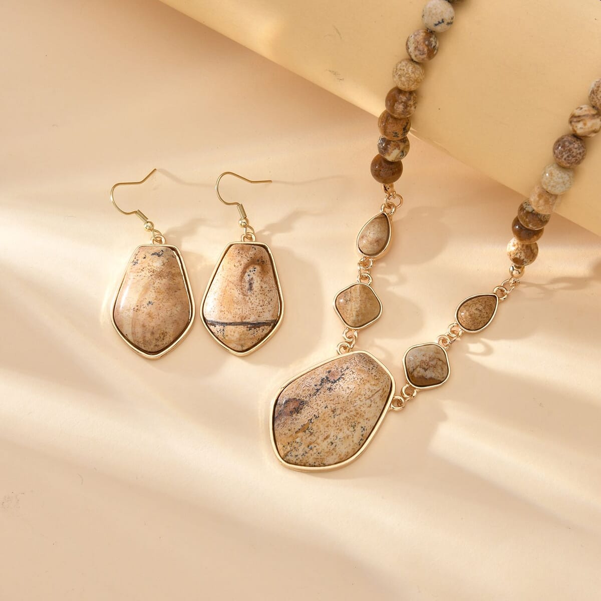 Picture Jasper Drop Earrings and Beaded Necklace 18-20 Inches in Goldtone 298.00 ctw image number 1