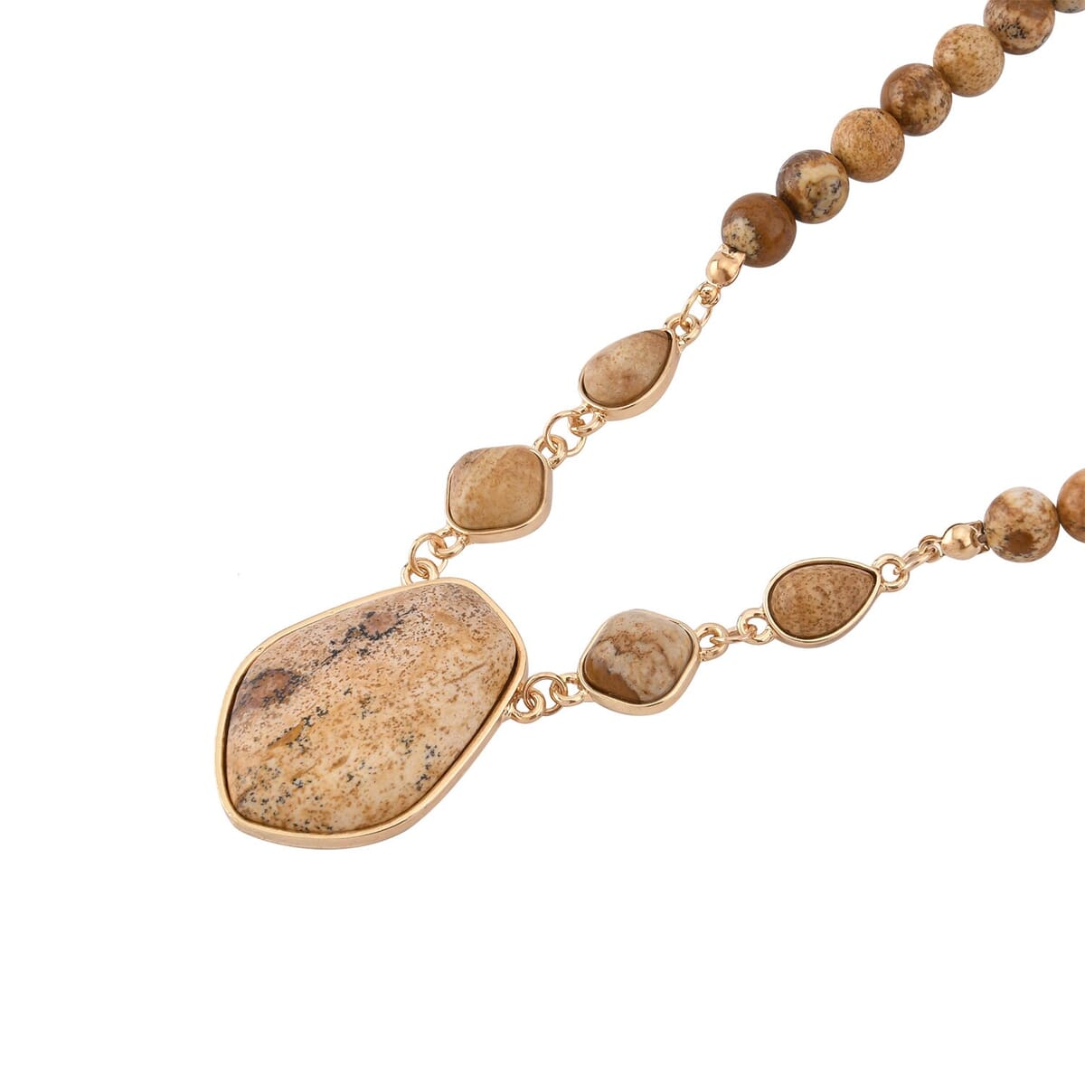 Picture Jasper Drop Earrings and Beaded Necklace 18-20 Inches in Goldtone 298.00 ctw image number 3