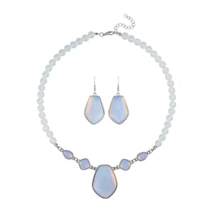 Opalite Drop Earrings and Beaded Necklace 18-20 Inches in Silvertone 298.00 ctw
