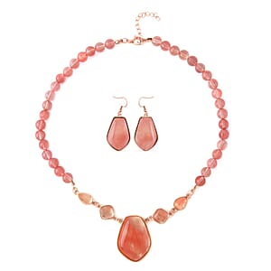 Cherry Quartz Drop Earrings and Beaded Necklace 18-20 Inches in Rosetone 298.00 ctw