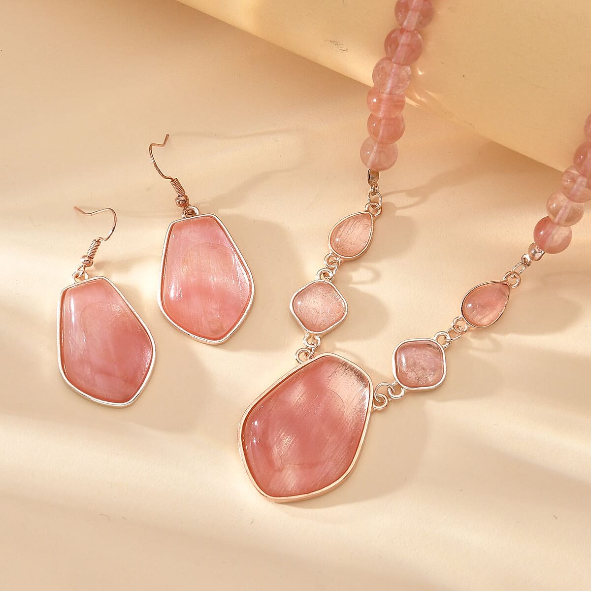 Cherry Quartz Drop Earrings and Beaded Necklace 18-20 Inches in Rosetone 298.00 ctw image number 1
