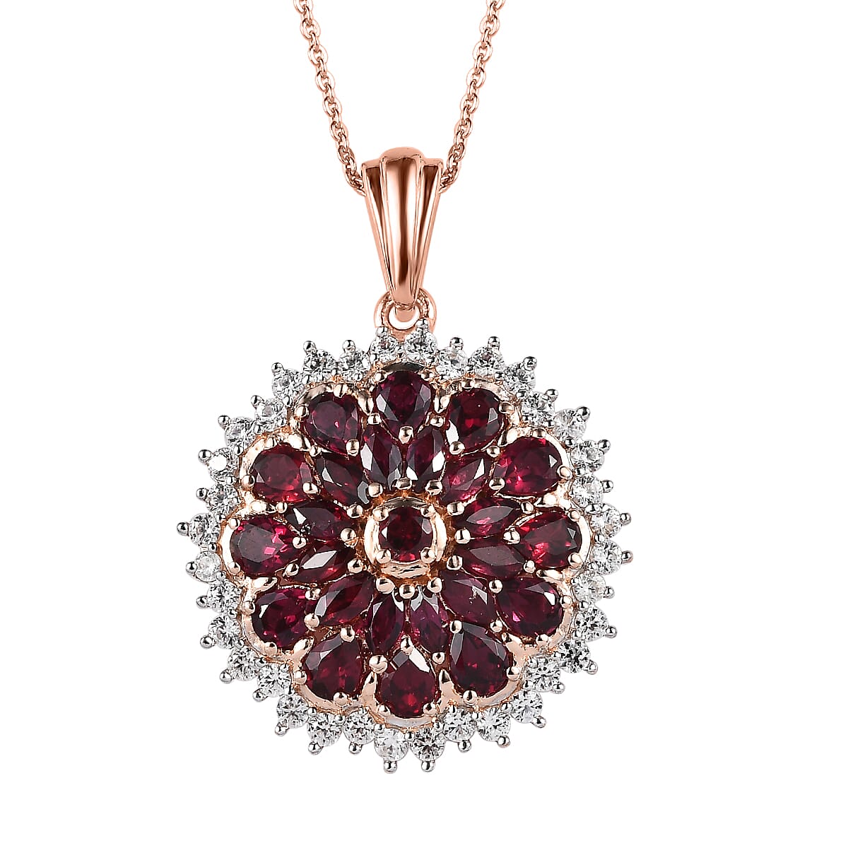 Premium Anthill Garnet and White Zircon Floral Pendant Necklace 20 Inches in Vermeil Rose Gold Over Sterling Silver 4.60 ctw image number 0