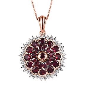 Premium Anthill Garnet and White Zircon Floral Pendant Necklace 20 Inches in Vermeil Rose Gold Over Sterling Silver 4.60 ctw