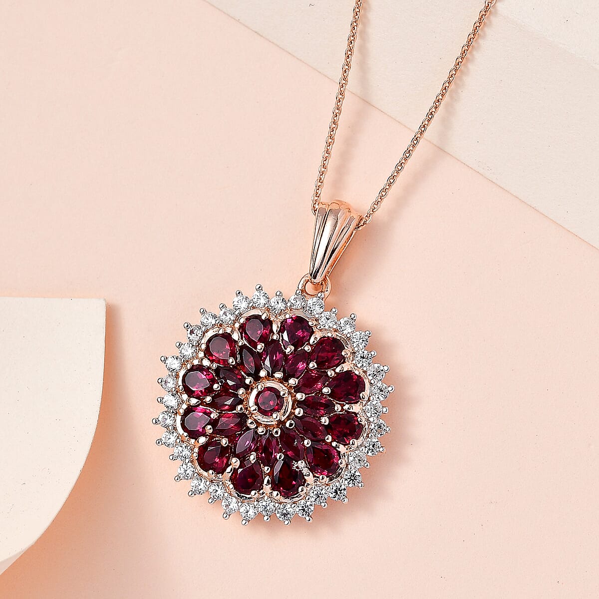 Premium Anthill Garnet and White Zircon Floral Pendant Necklace 20 Inches in Vermeil Rose Gold Over Sterling Silver 4.60 ctw image number 1