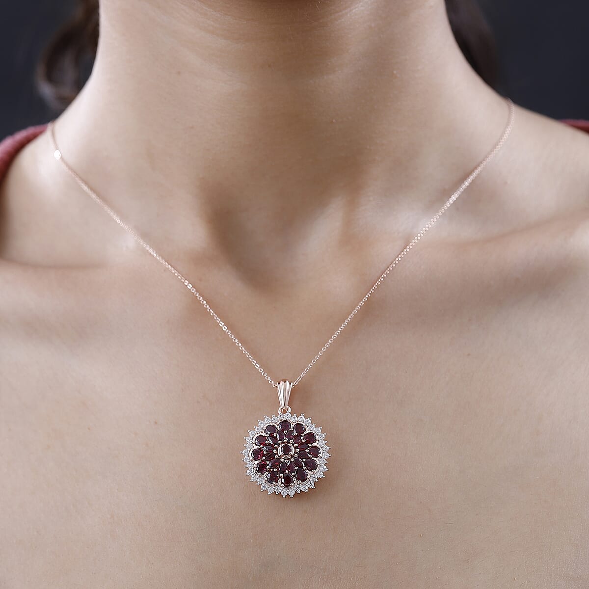 Premium Anthill Garnet and White Zircon Floral Pendant Necklace 20 Inches in Vermeil Rose Gold Over Sterling Silver 4.60 ctw image number 2
