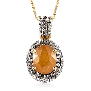 Yellow Sapphire (FF), White and Champagne Zircon Halo Pendant Necklace 20 Inches in Vermeil Yellow Gold Over Sterling Silver 4.60 ctw
