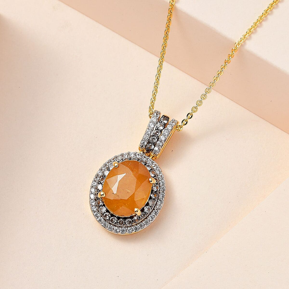 Yellow Sapphire (FF), White and Champagne Zircon Halo Pendant Necklace 20 Inches in Vermeil Yellow Gold Over Sterling Silver 4.60 ctw image number 1