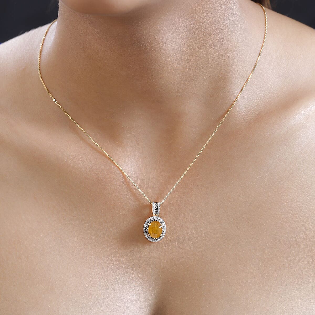 Yellow Sapphire (FF), White and Champagne Zircon Halo Pendant Necklace 20 Inches in Vermeil Yellow Gold Over Sterling Silver 4.60 ctw image number 2