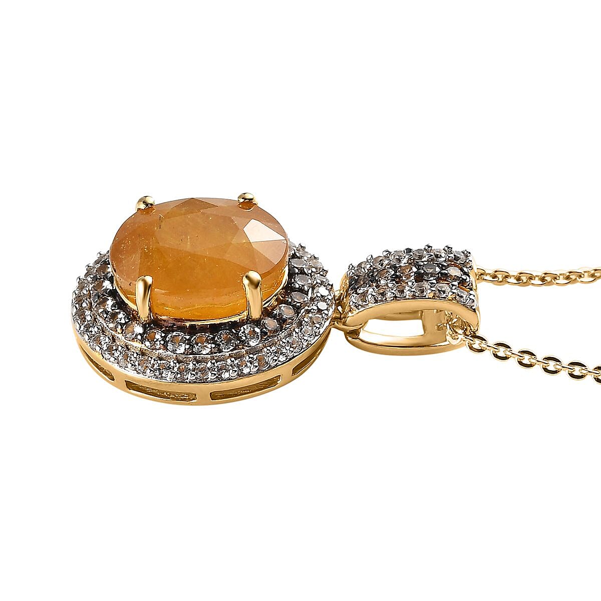 Yellow Sapphire (FF), White and Champagne Zircon Halo Pendant Necklace 20 Inches in Vermeil Yellow Gold Over Sterling Silver 4.60 ctw image number 3