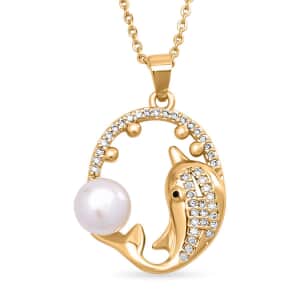 Freshwater Pearl and Simulated Diamond Pendant Necklace 20 Inches in Goldtone 0.10 ctw